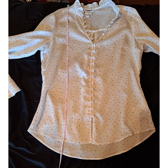 EXPRESS Slim Fit Portofino Blouse White with Black Polka Dot Button Accents Sz S - Picture 8 of 11